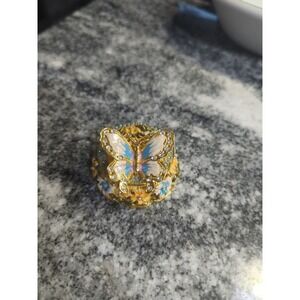 Enamel & Rhinestones Butterfly & Flowers Trinket Box Gold Tone Jewely Mini